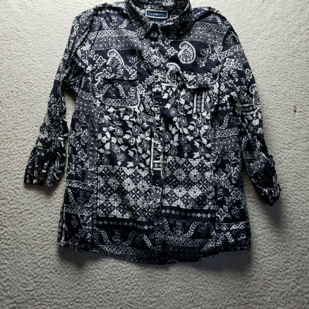 Karen Scott Button Up Shirt Womens XL Blue Collared 3/4 Roll Tab Paisley Top